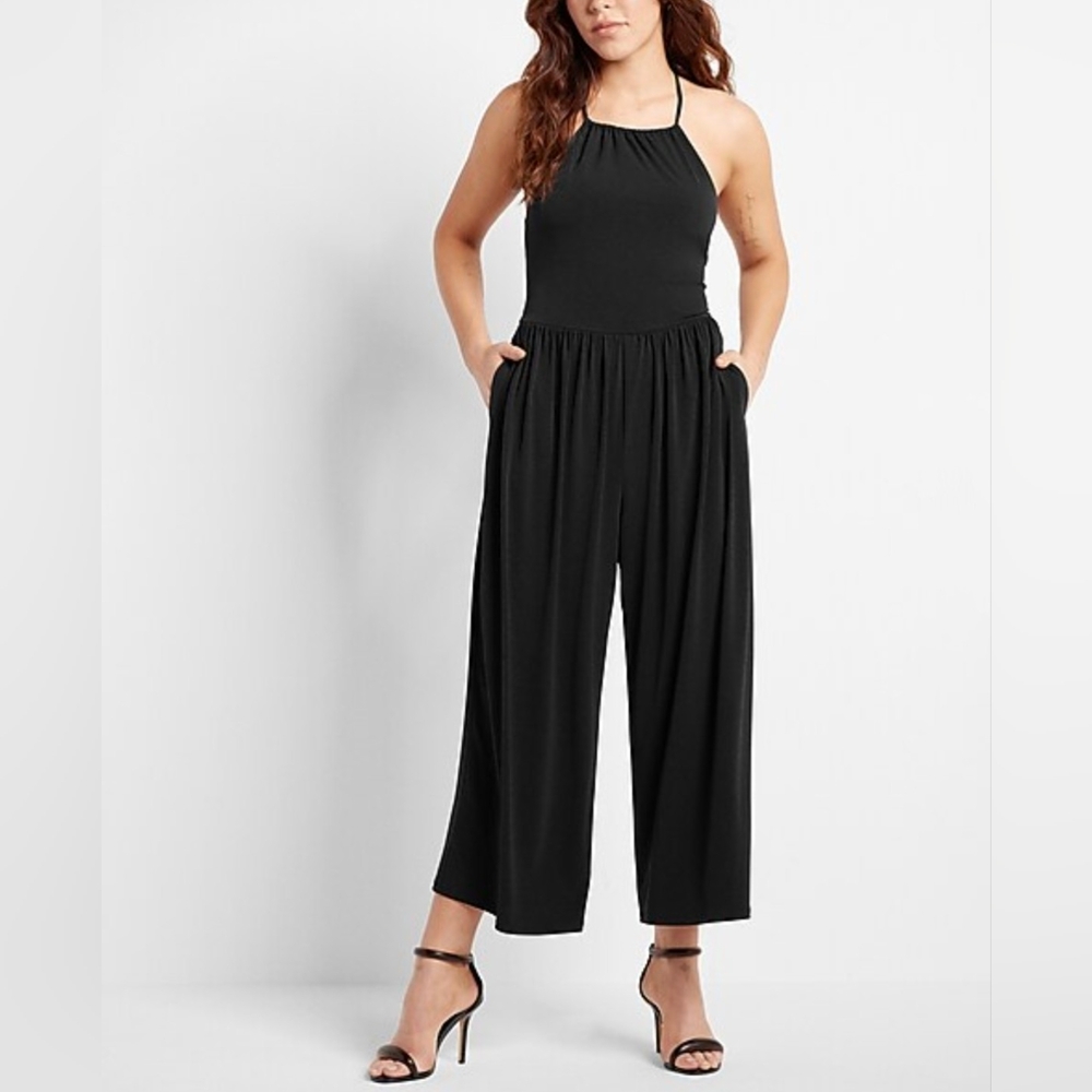 Express Tie-Back Halter Wide Leg Jumpsuit in Black, Size M